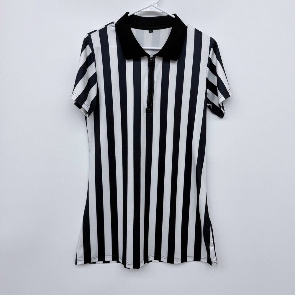 Unbranded Referee Shirt Women Large Black White Striped Quarter Zip Short Sleeve